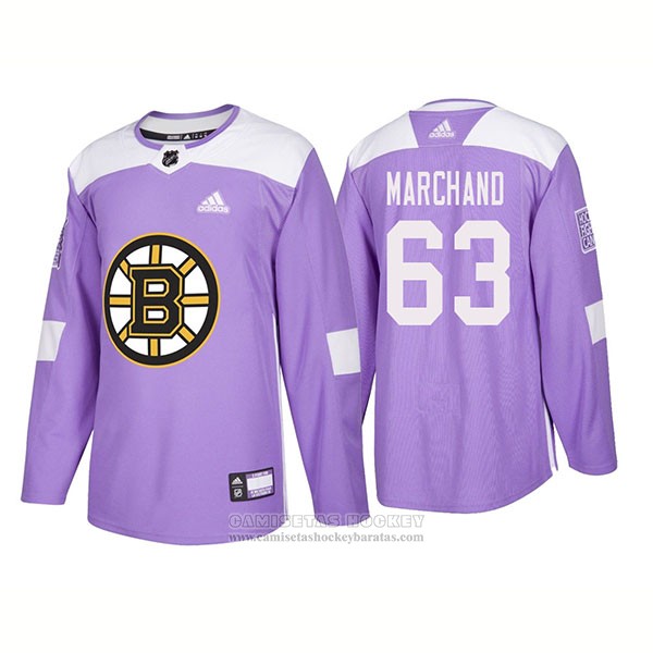 Camiseta Hockey Boston Bruins Brad Marchand Autentico 2018 Fights Cancer Violeta